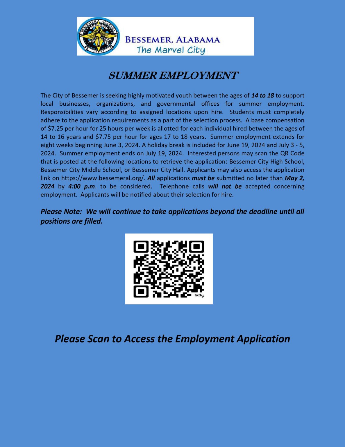 Summer Employment Announcement The City of Bessemer